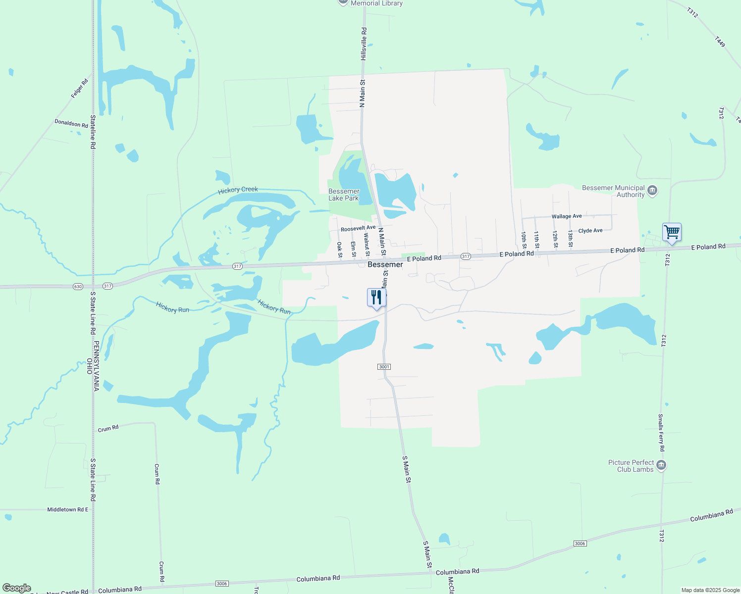map of restaurants, bars, coffee shops, grocery stores, and more near 22 South Main Street in Bessemer
