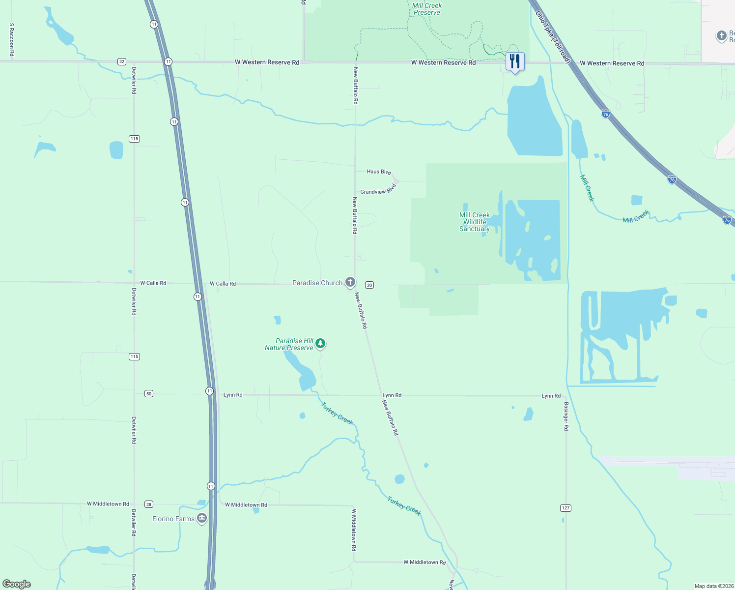 map of restaurants, bars, coffee shops, grocery stores, and more near 2921 West Calla Road in Canfield