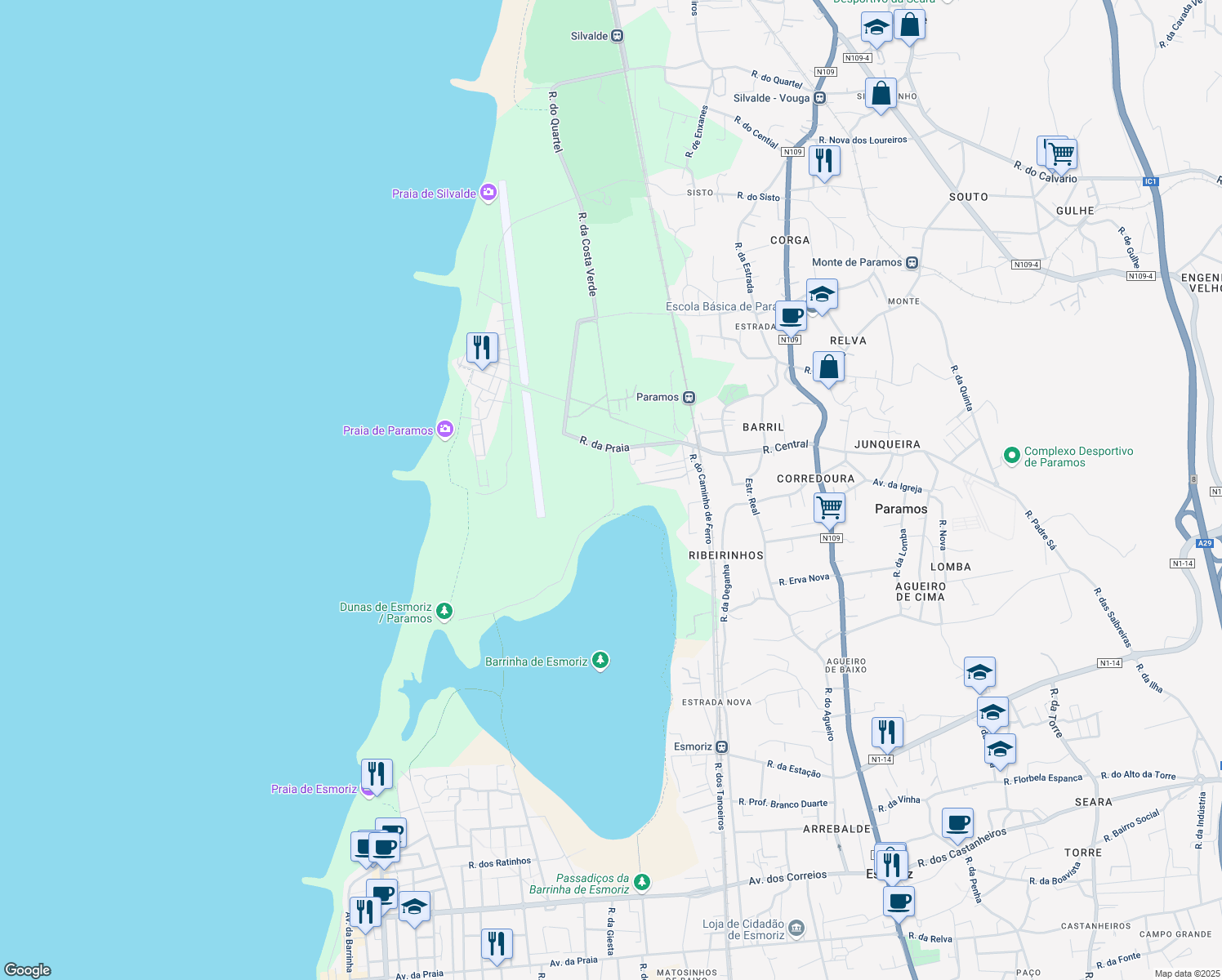 map of restaurants, bars, coffee shops, grocery stores, and more near Rua Lagoa in Espinho
