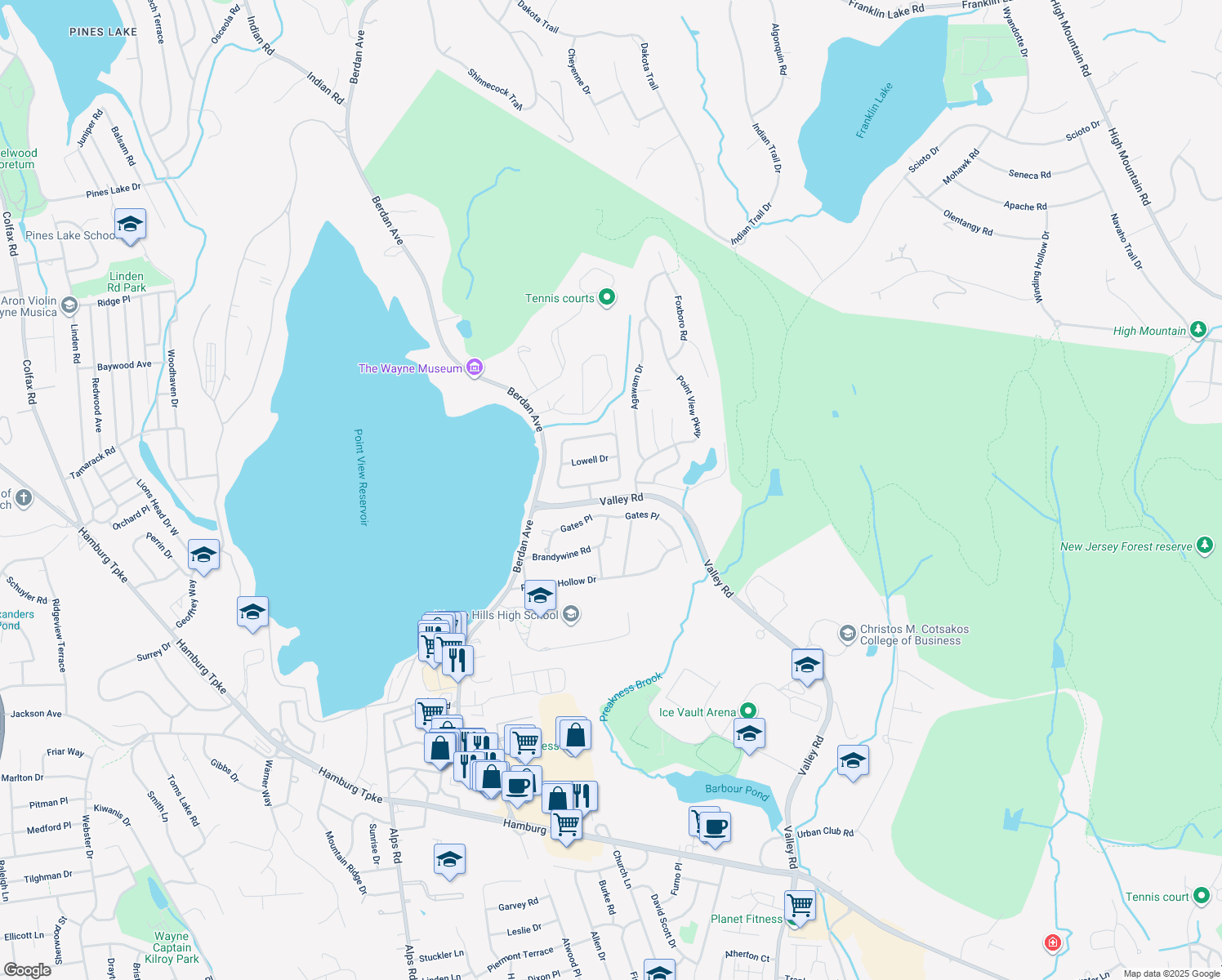 map of restaurants, bars, coffee shops, grocery stores, and more near 12 Sturbridge Circle in Wayne