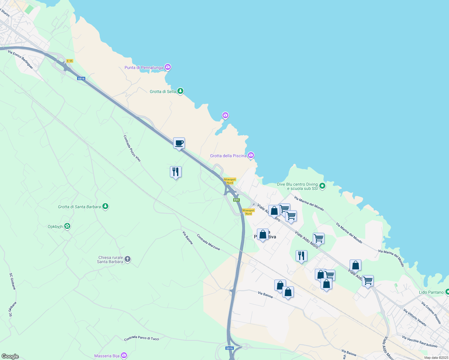 map of restaurants, bars, coffee shops, grocery stores, and more near in Metropolitan City of Bari