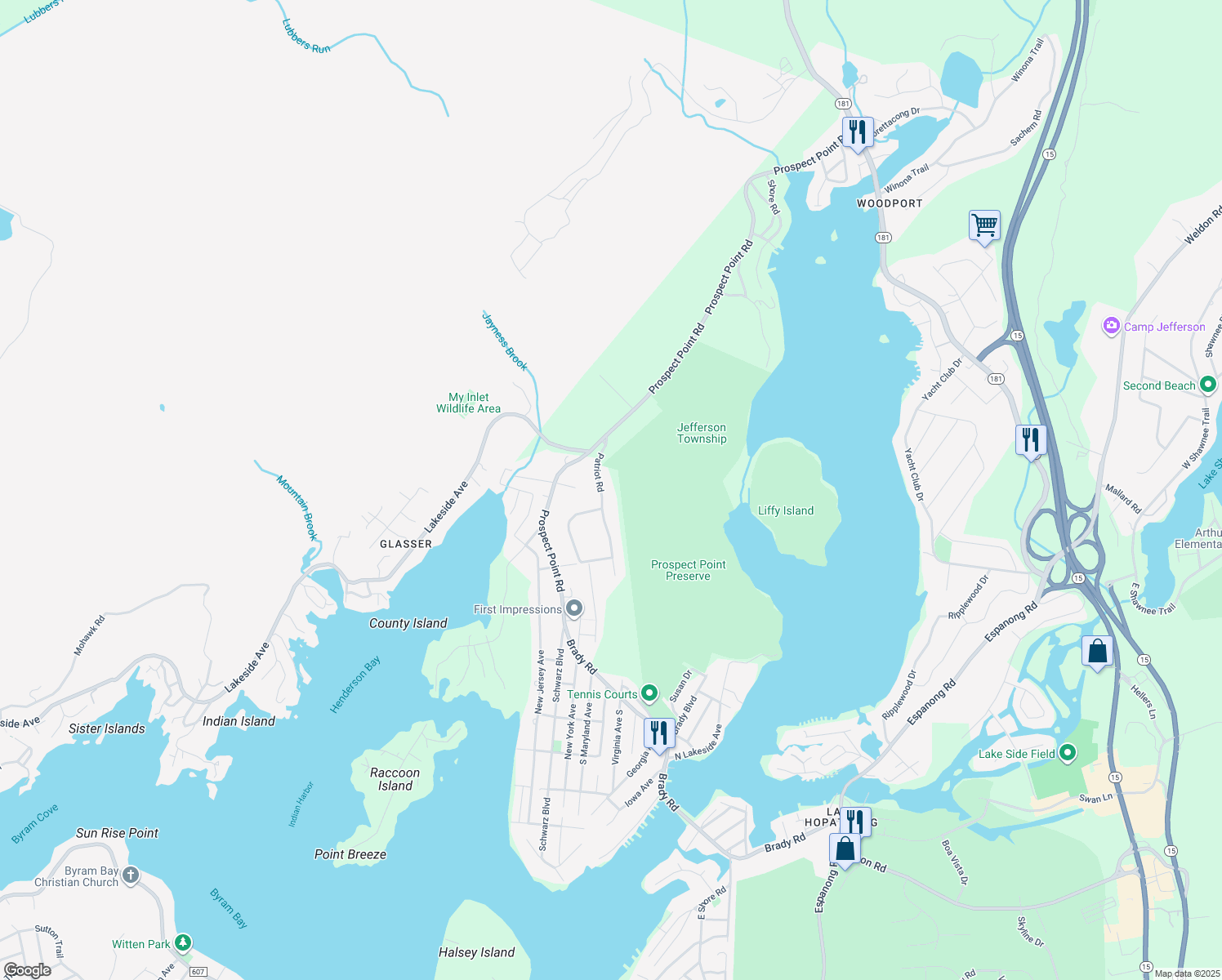 map of restaurants, bars, coffee shops, grocery stores, and more near 7 Patriot Road in Jefferson