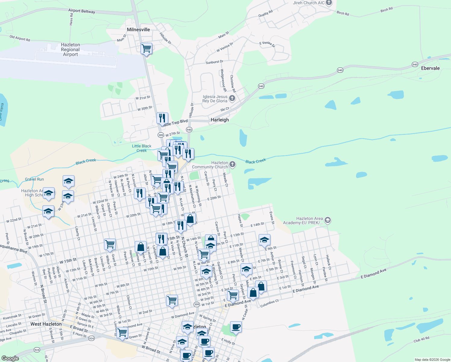 map of restaurants, bars, coffee shops, grocery stores, and more near 998 Meade Court in Hazleton