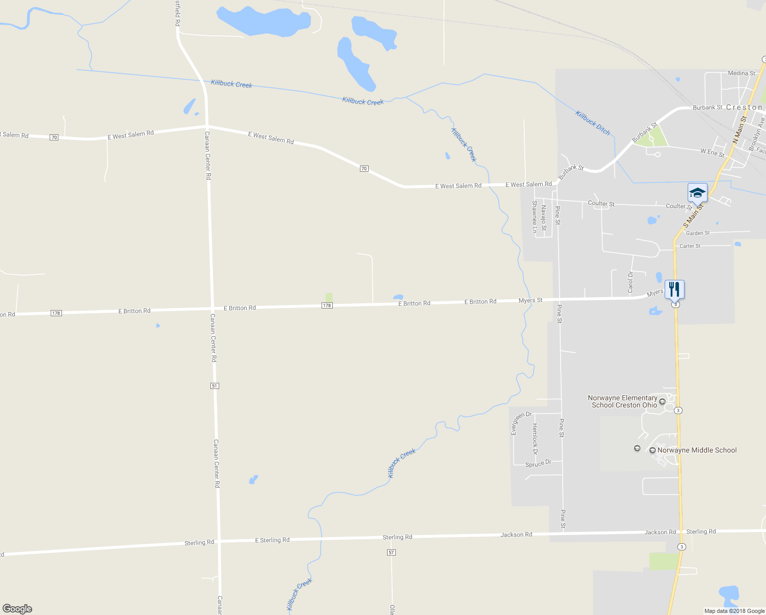 map of restaurants, bars, coffee shops, grocery stores, and more near 2083 East Britton Road in Creston