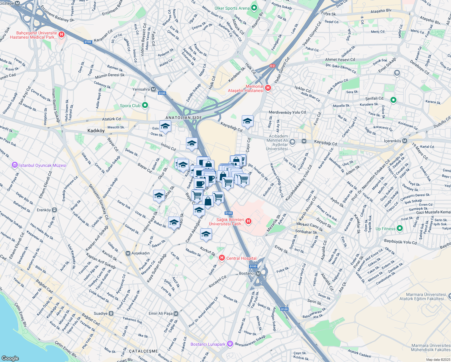 map of restaurants, bars, coffee shops, grocery stores, and more near 1 Üsküdar-İçerenköy Caddesi in Ataşehir