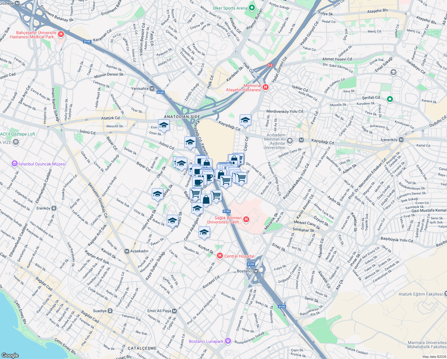 map of restaurants, bars, coffee shops, grocery stores, and more near 1 Üsküdar-İçerenköy Caddesi in Ataşehir