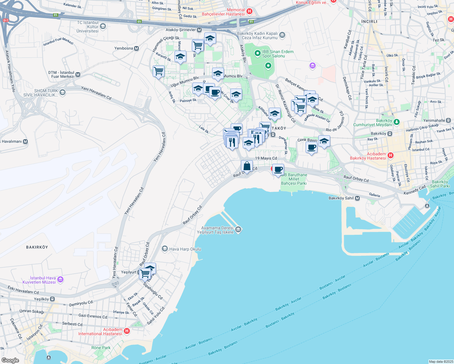 map of restaurants, bars, coffee shops, grocery stores, and more near Rauf Orbay Caddesi in Bakırköy