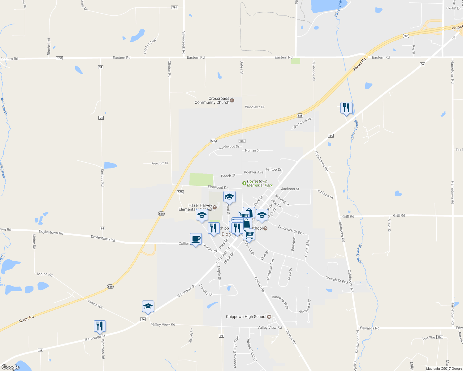 map of restaurants, bars, coffee shops, grocery stores, and more near 93 Elmwood Drive in Doylestown