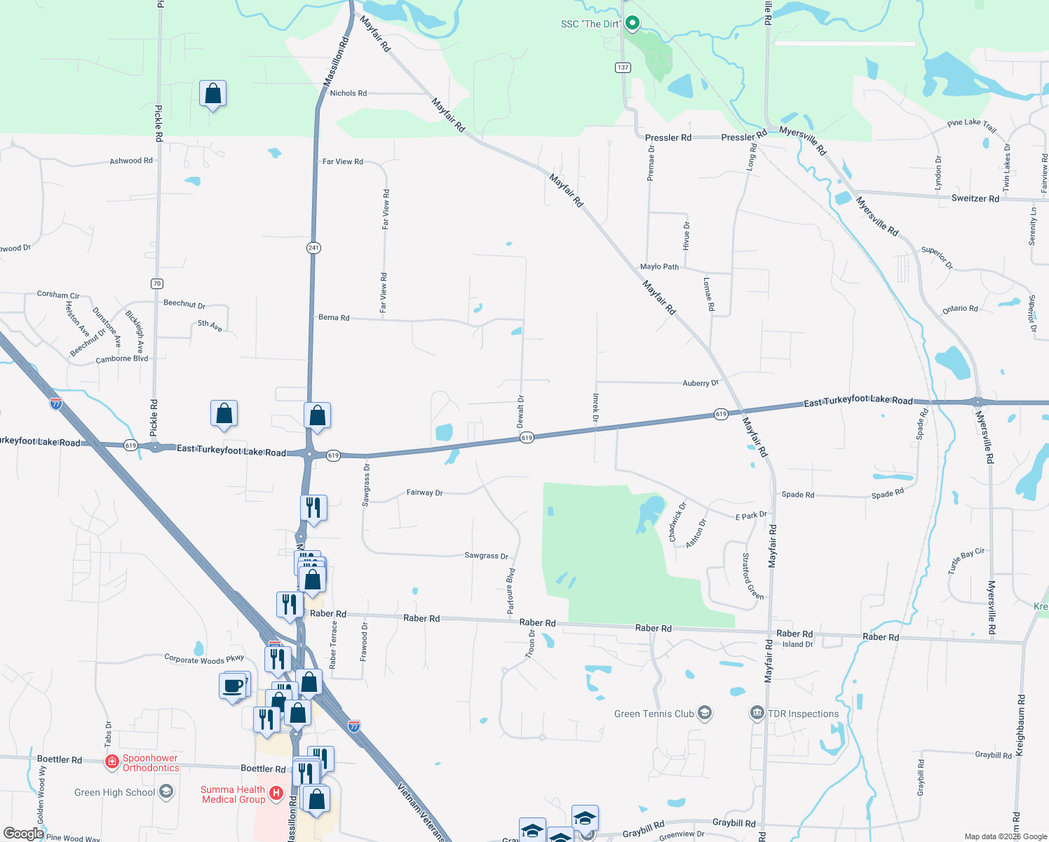 map of restaurants, bars, coffee shops, grocery stores, and more near 3261 Dewalt Dr in Akron