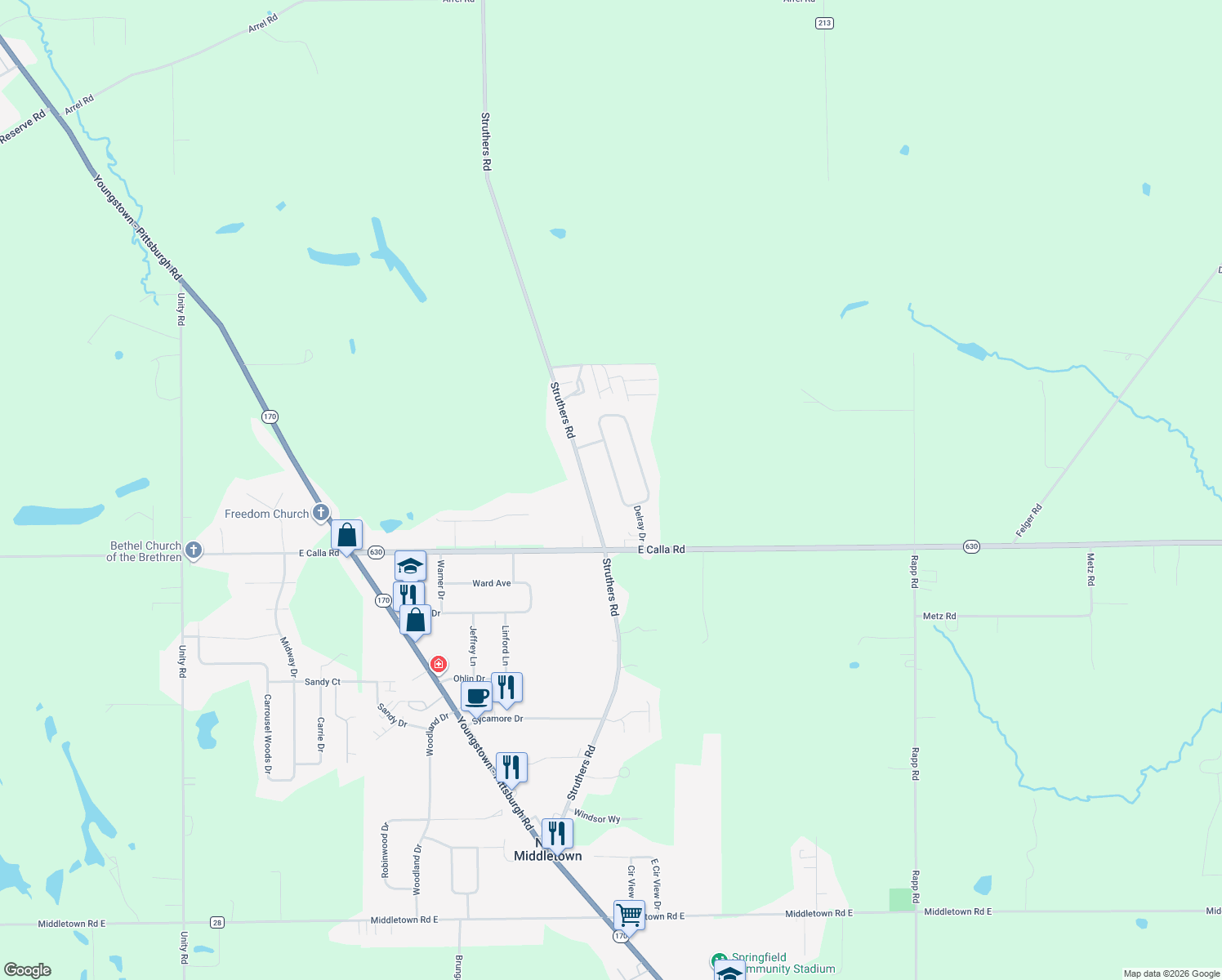 map of restaurants, bars, coffee shops, grocery stores, and more near 9736 Deltona Dr in New Middletown