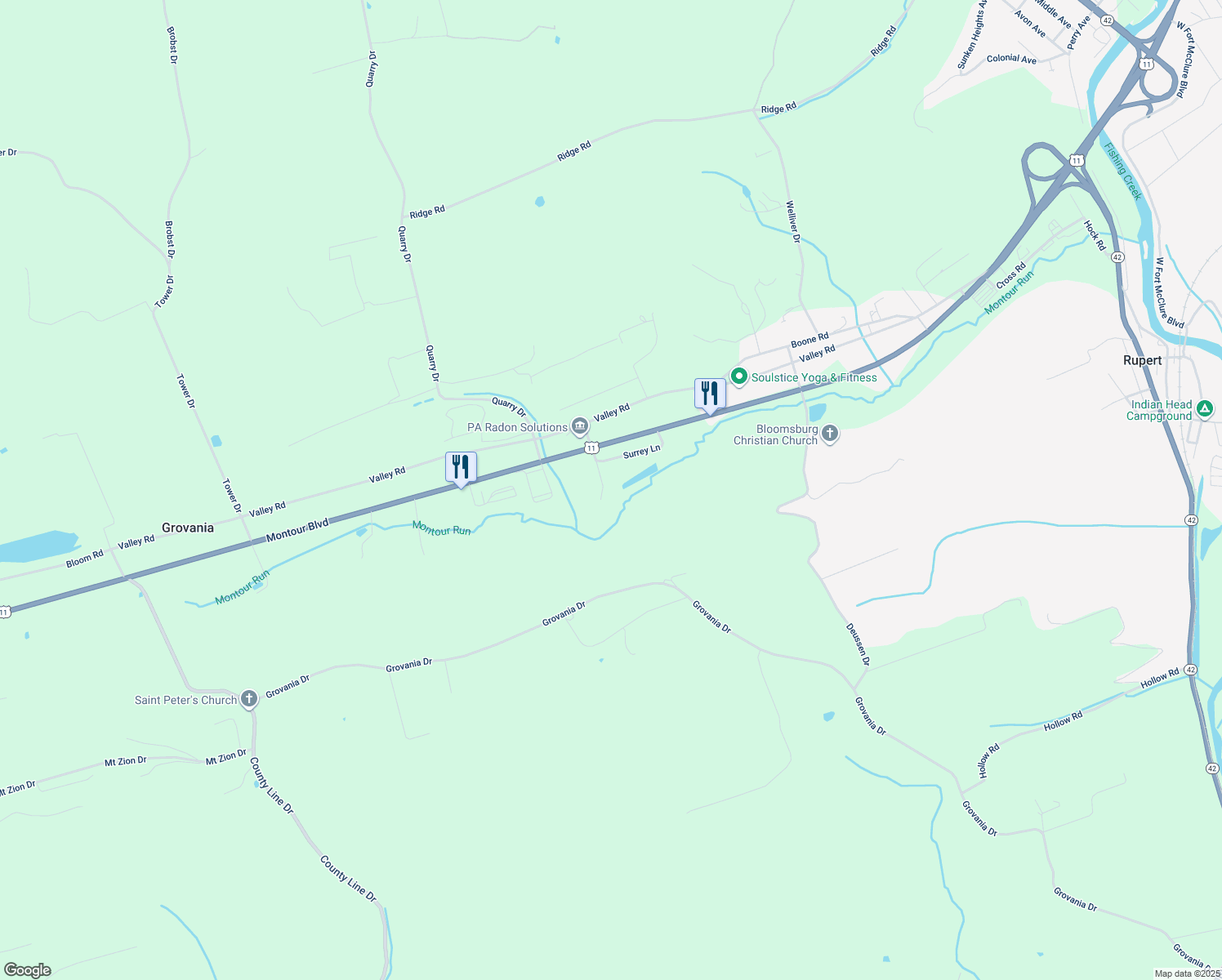 map of restaurants, bars, coffee shops, grocery stores, and more near 111 Division St in Bloomsburg