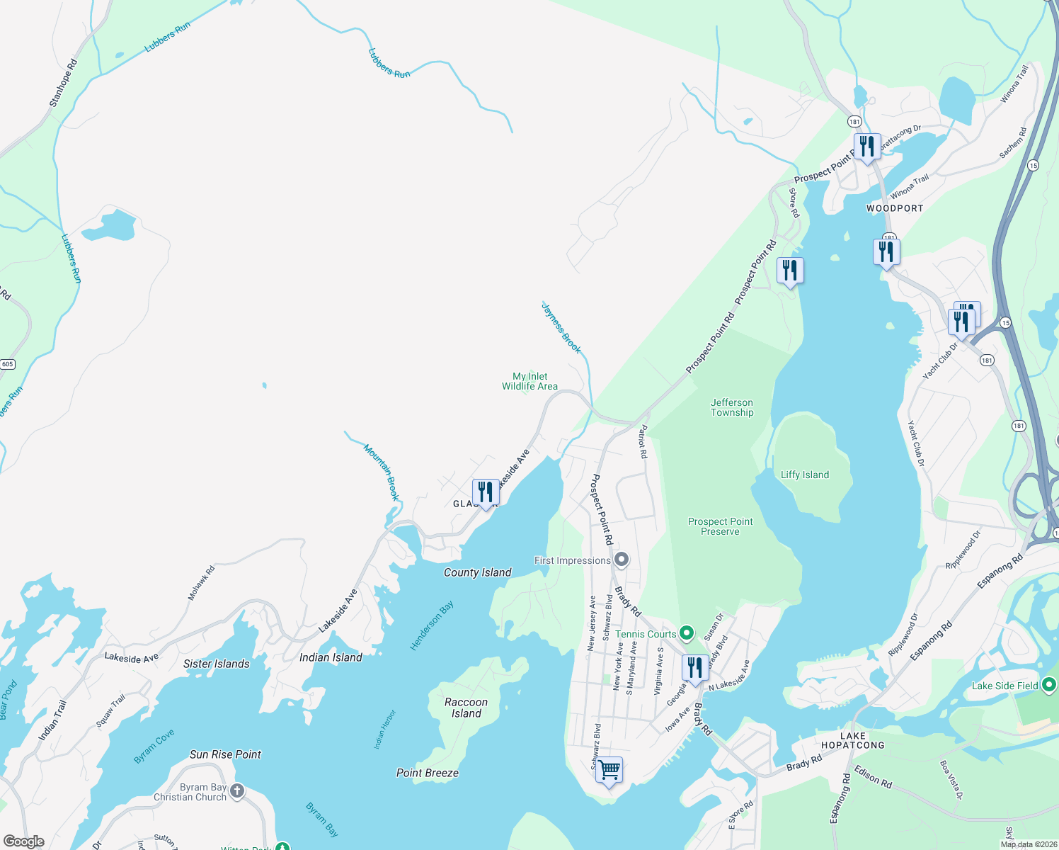 map of restaurants, bars, coffee shops, grocery stores, and more near 62 Northwood Road in Hopatcong