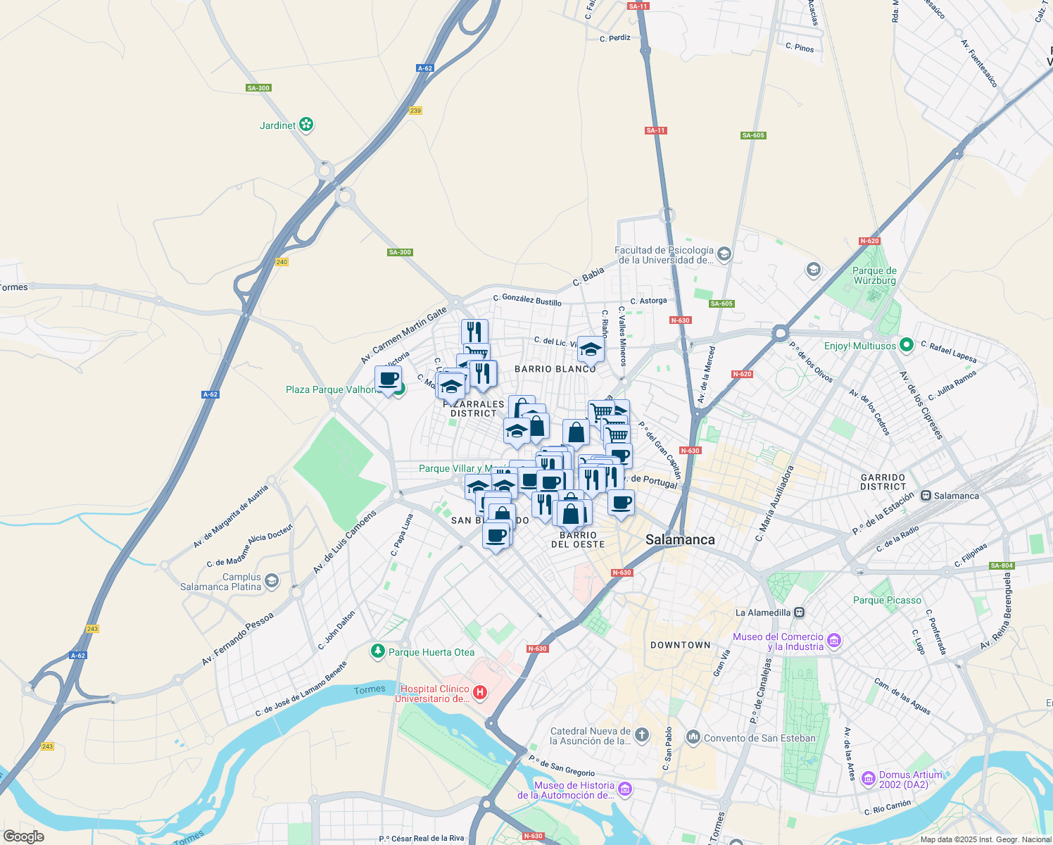 map of restaurants, bars, coffee shops, grocery stores, and more near 17 Calle Almenara in Salamanca