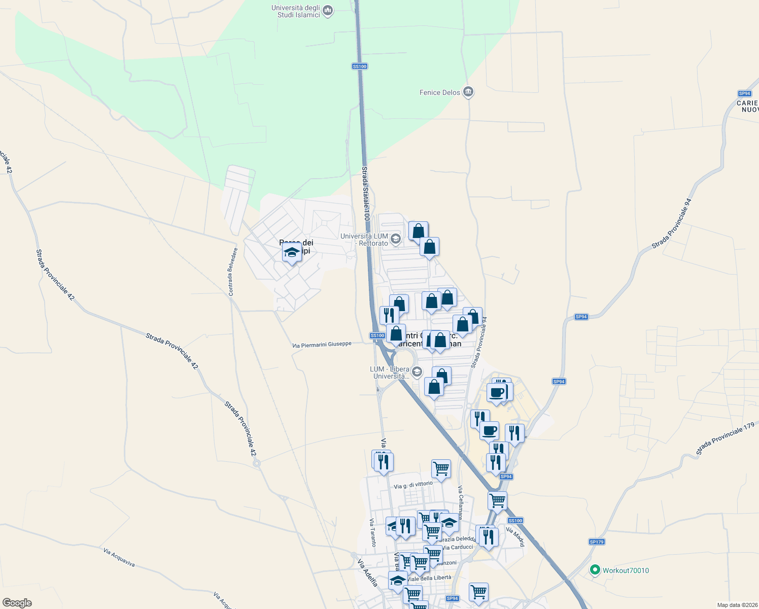 map of restaurants, bars, coffee shops, grocery stores, and more near in Centri Commerc. Baricentro-Auchan
