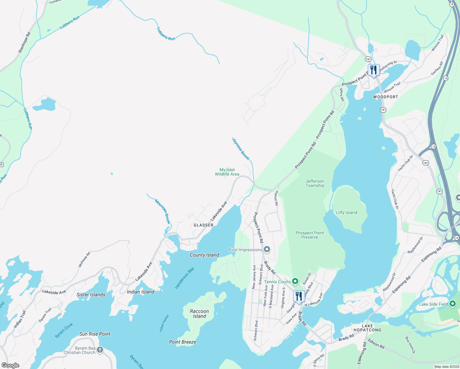 map of restaurants, bars, coffee shops, grocery stores, and more near 62 Northwood Road in Hopatcong