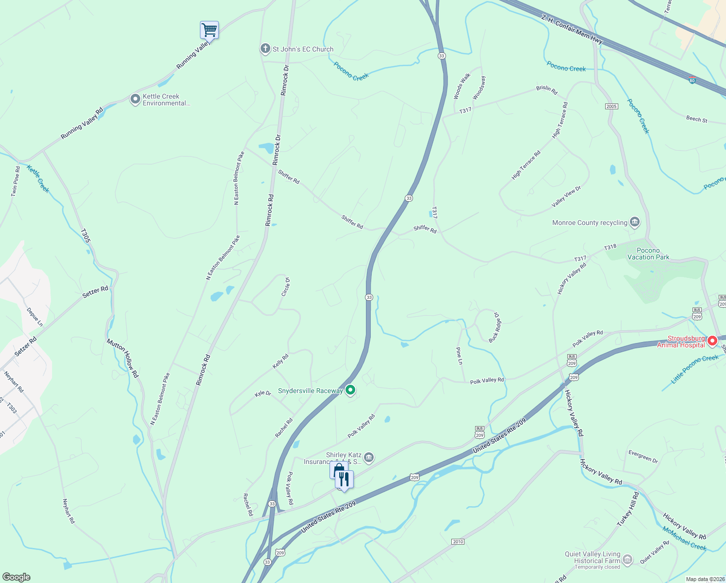 map of restaurants, bars, coffee shops, grocery stores, and more near 2167 Shafer Road in Stroudsburg