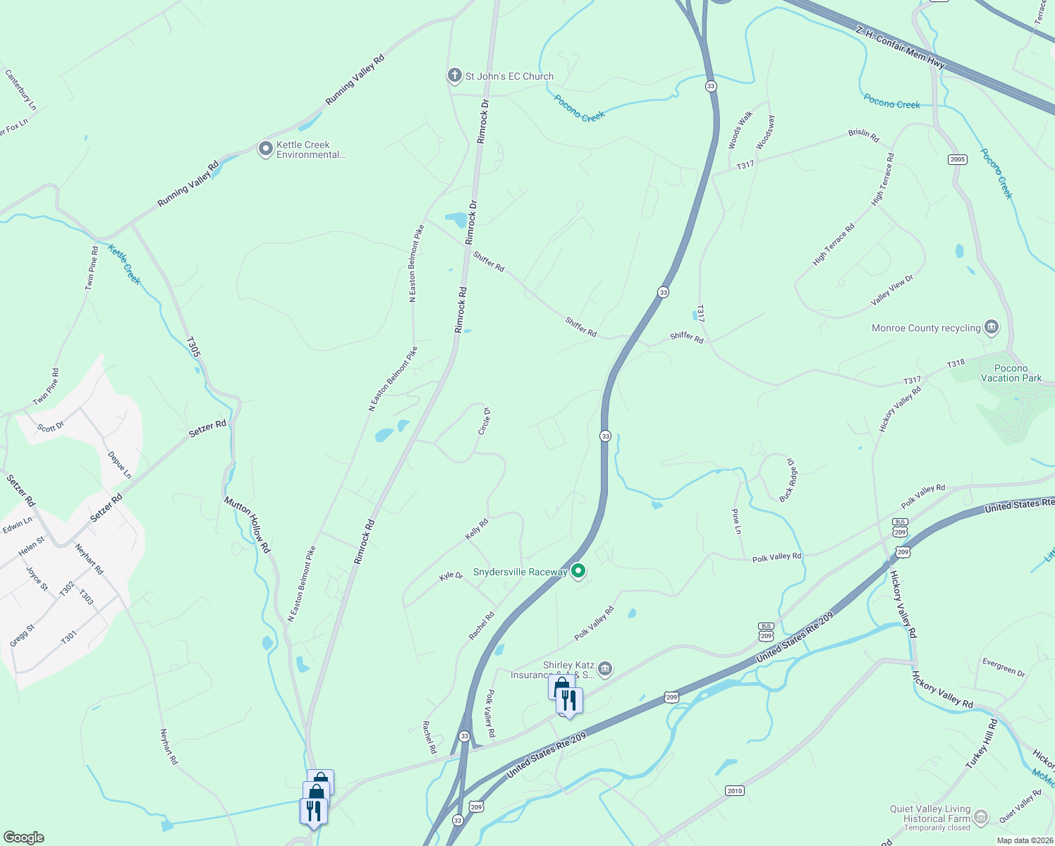 map of restaurants, bars, coffee shops, grocery stores, and more near 5009 Old Timber Rd in Stroudsburg