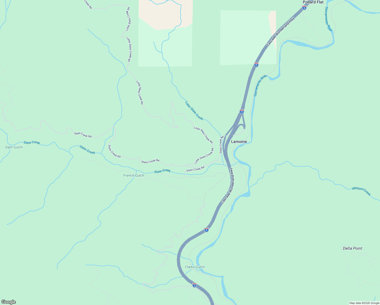 map of restaurants, bars, coffee shops, grocery stores, and more near 23500 Little Slate Creek Road in Shasta County