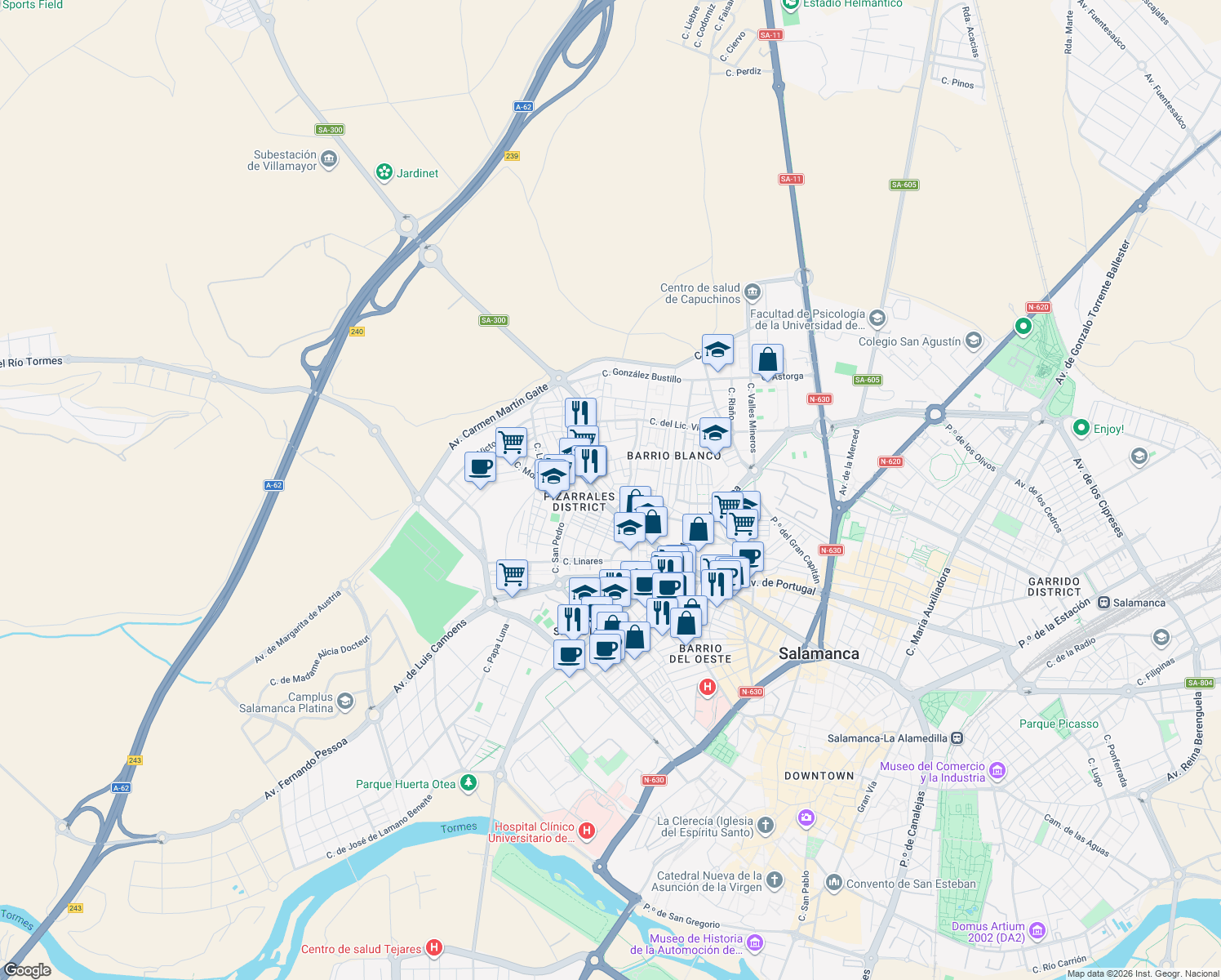map of restaurants, bars, coffee shops, grocery stores, and more near Calle Cardenal Cisneros in Salamanca