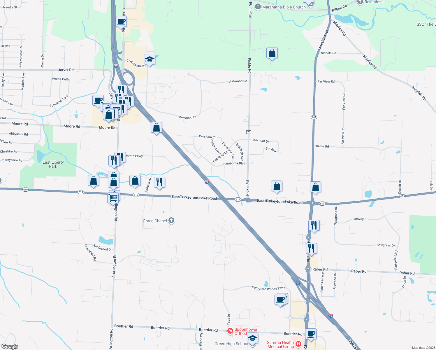 map of restaurants, bars, coffee shops, grocery stores, and more near 1242 Bexley Circle in Akron