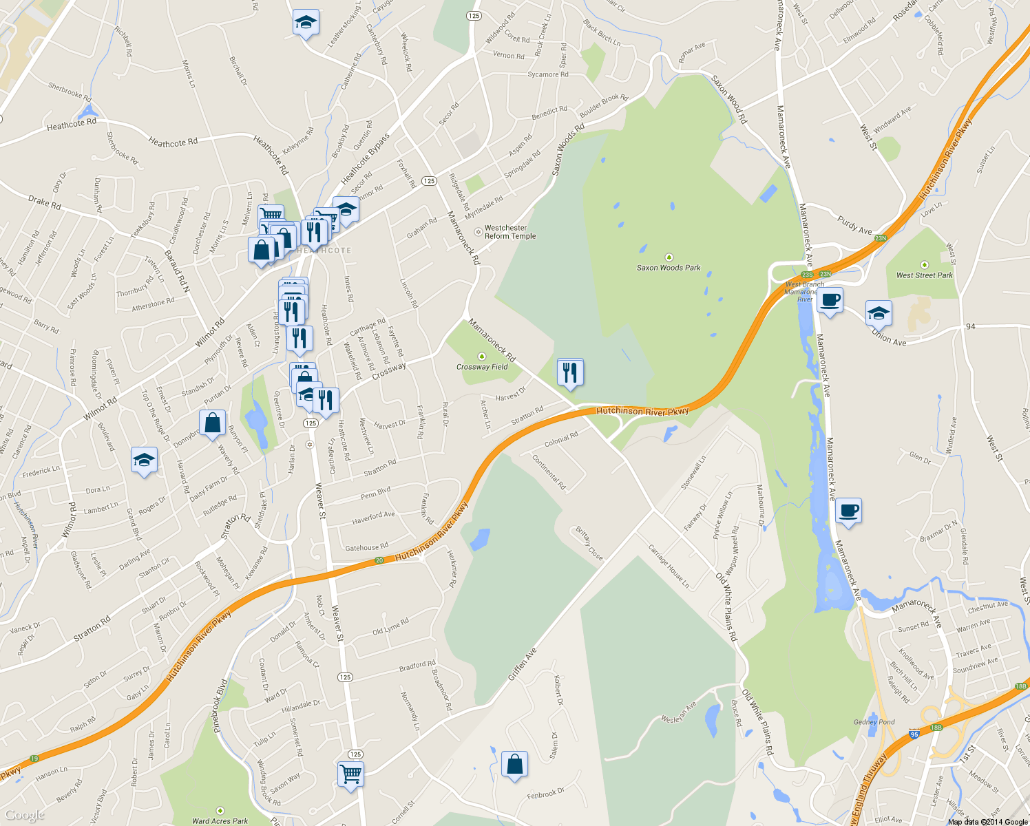 map of restaurants, bars, coffee shops, grocery stores, and more near 68 Stratton Road in Scarsdale