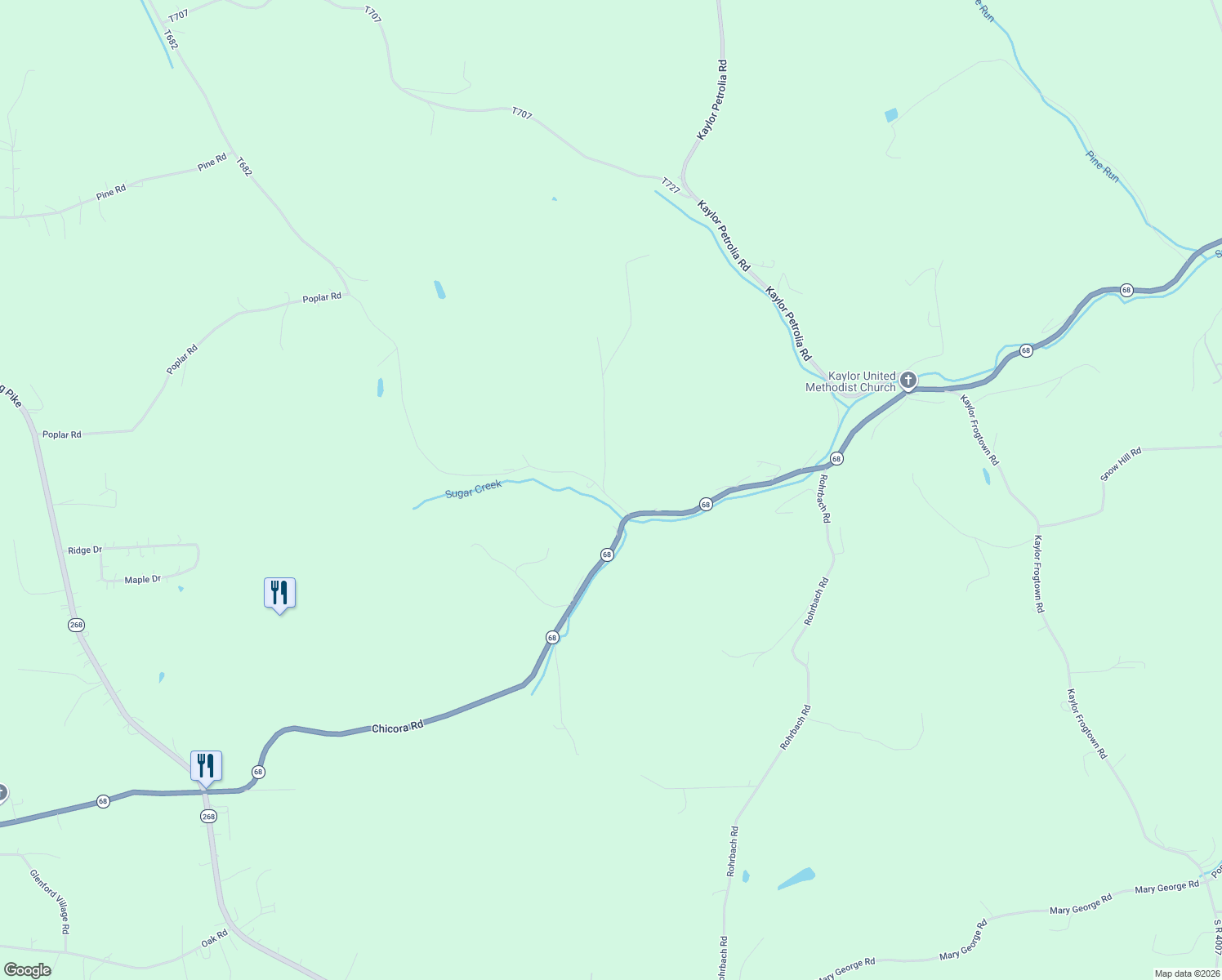 map of restaurants, bars, coffee shops, grocery stores, and more near 449 Butternut Road in Karns City
