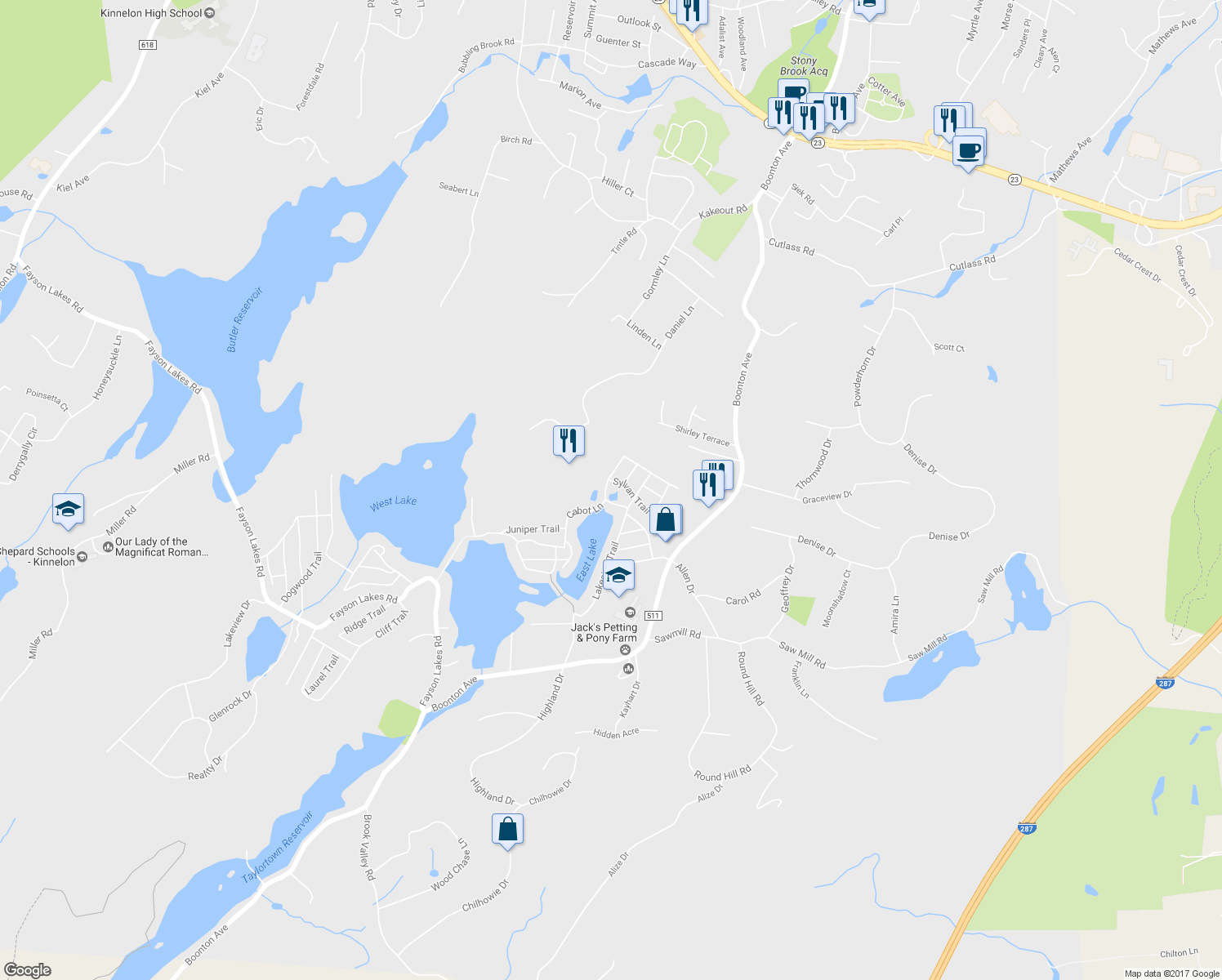 map of restaurants, bars, coffee shops, grocery stores, and more near 1 Lagoon Trail in Kinnelon