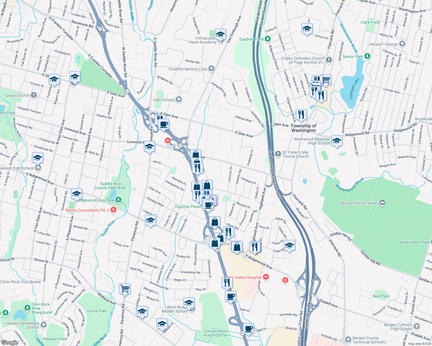 map of restaurants, bars, coffee shops, grocery stores, and more near 826 Carter Lane in Paramus