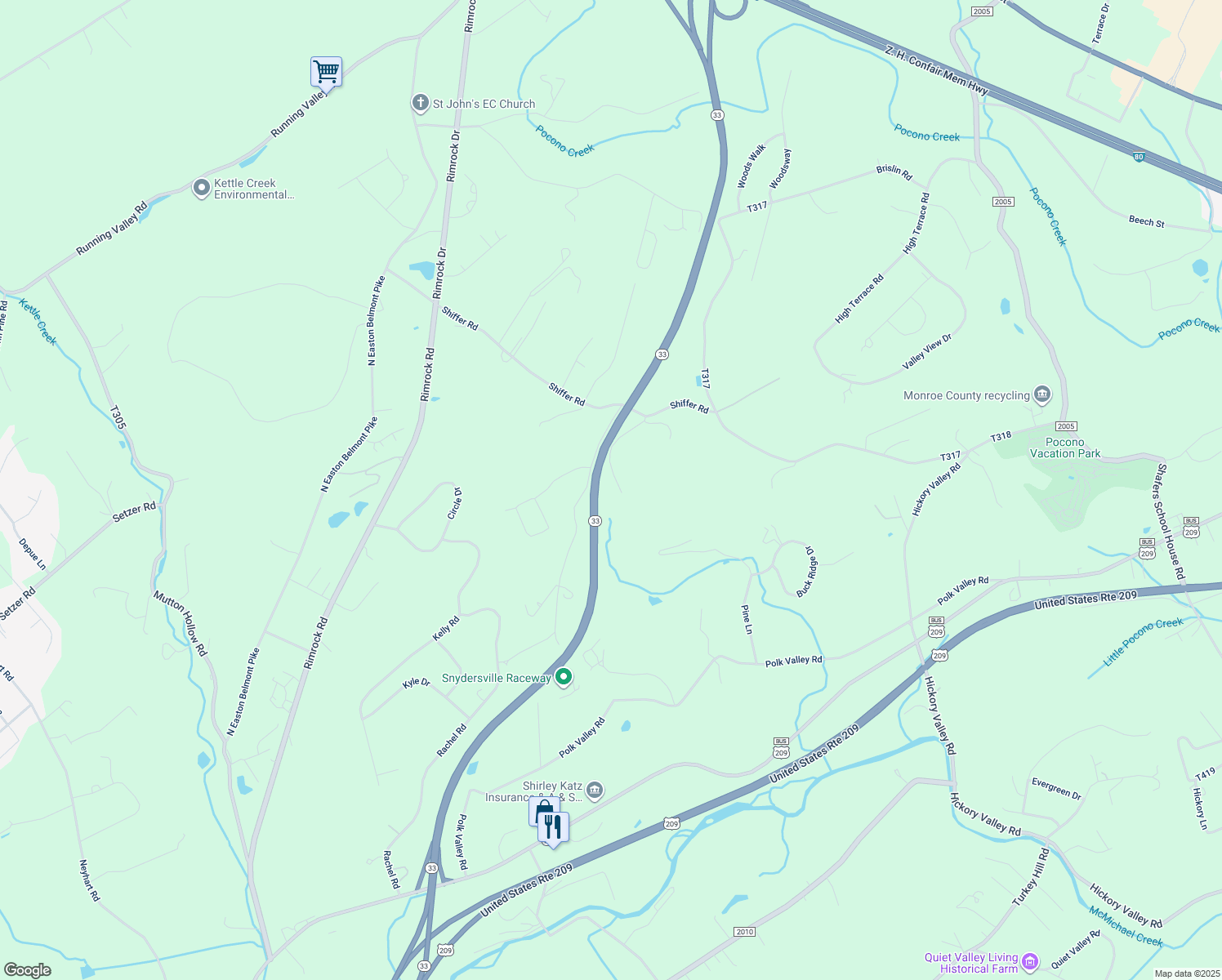 map of restaurants, bars, coffee shops, grocery stores, and more near 148 Serfass Road in Stroudsburg