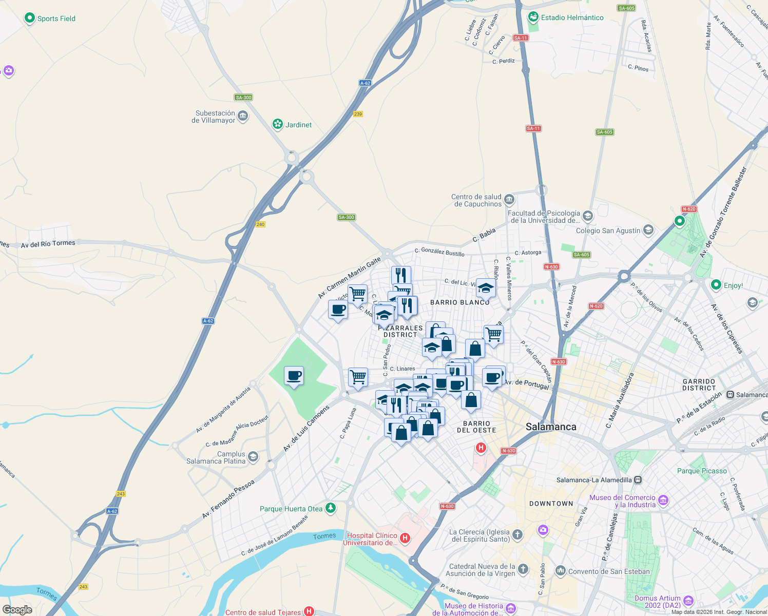 map of restaurants, bars, coffee shops, grocery stores, and more near Calle Rodríguez Hernández in Salamanca