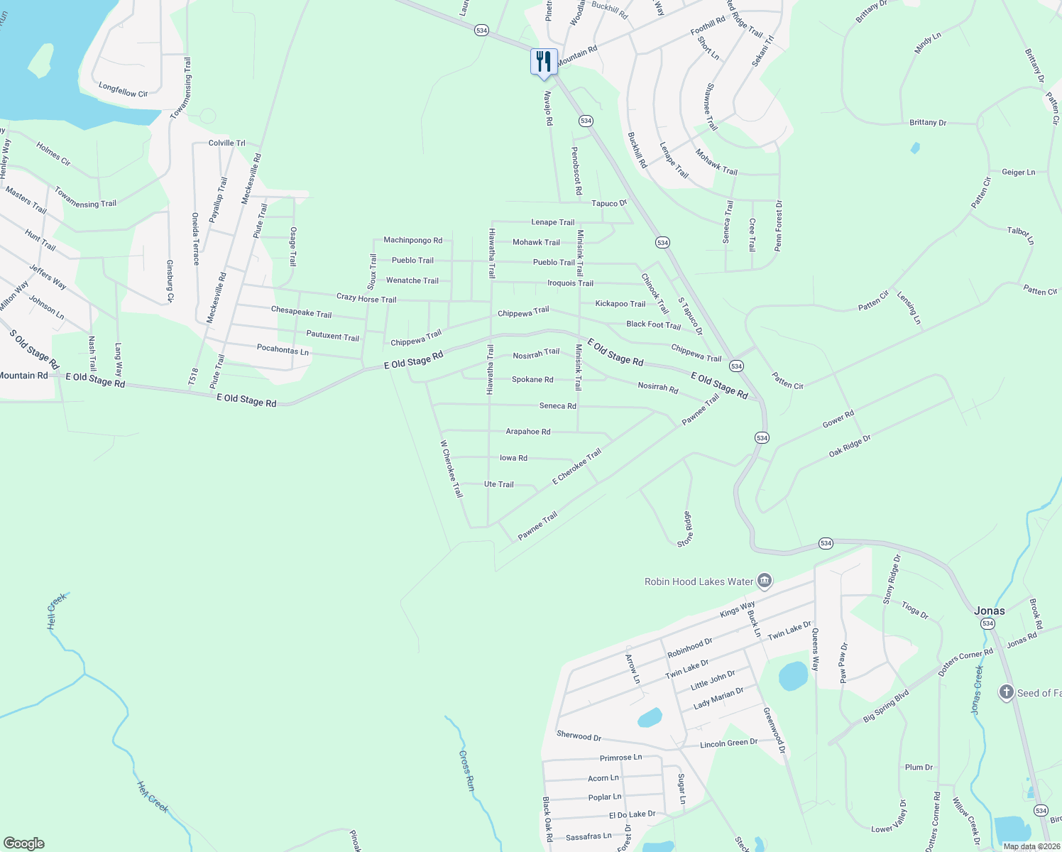 map of restaurants, bars, coffee shops, grocery stores, and more near 68 Arapahoe Road in Albrightsville