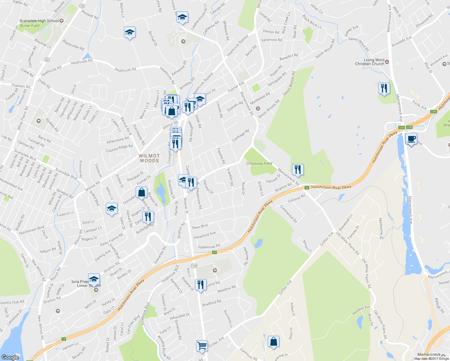 map of restaurants, bars, coffee shops, grocery stores, and more near 13 Hillview Drive in Scarsdale