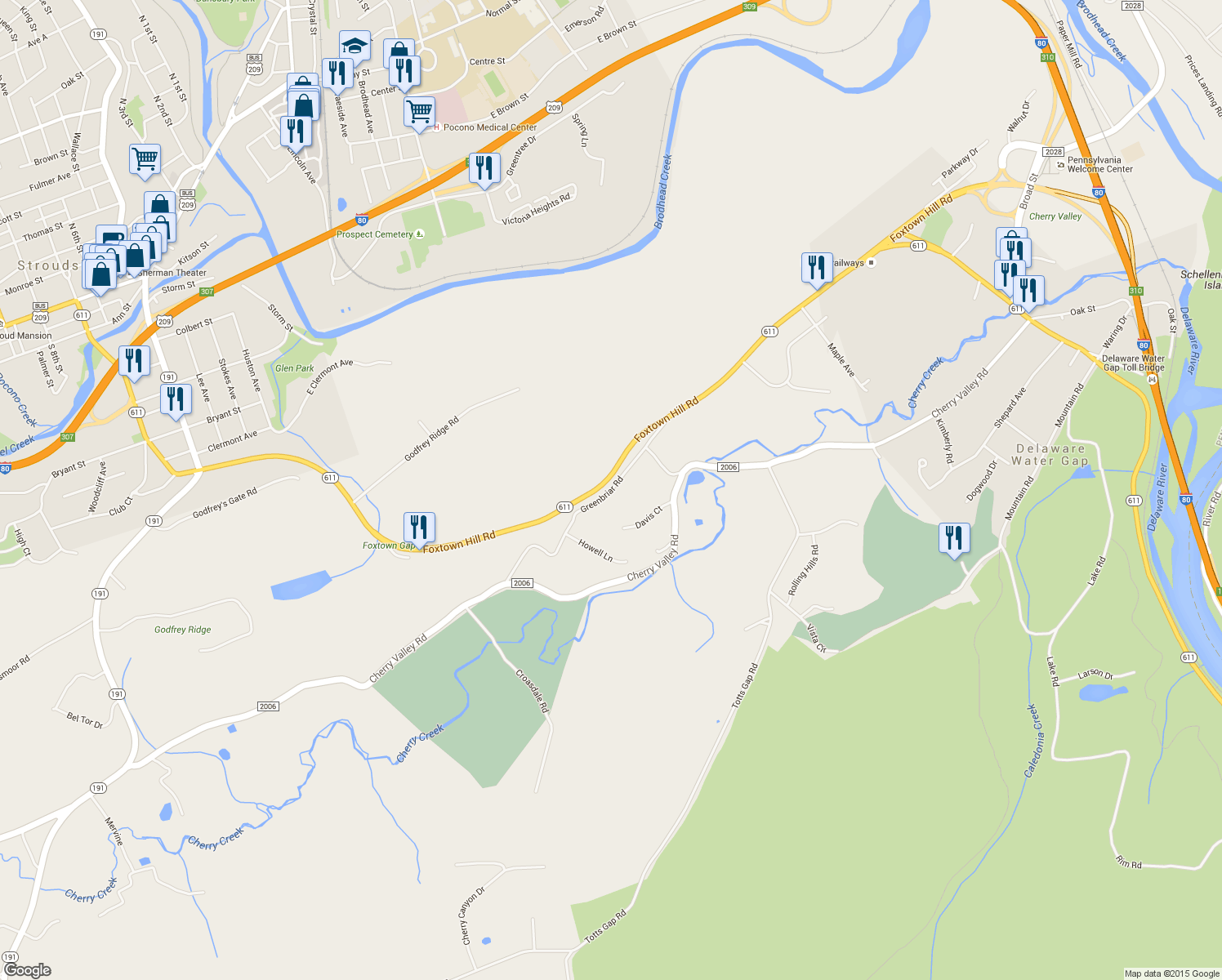 map of restaurants, bars, coffee shops, grocery stores, and more near Greenbriar Road in Stroudsburg