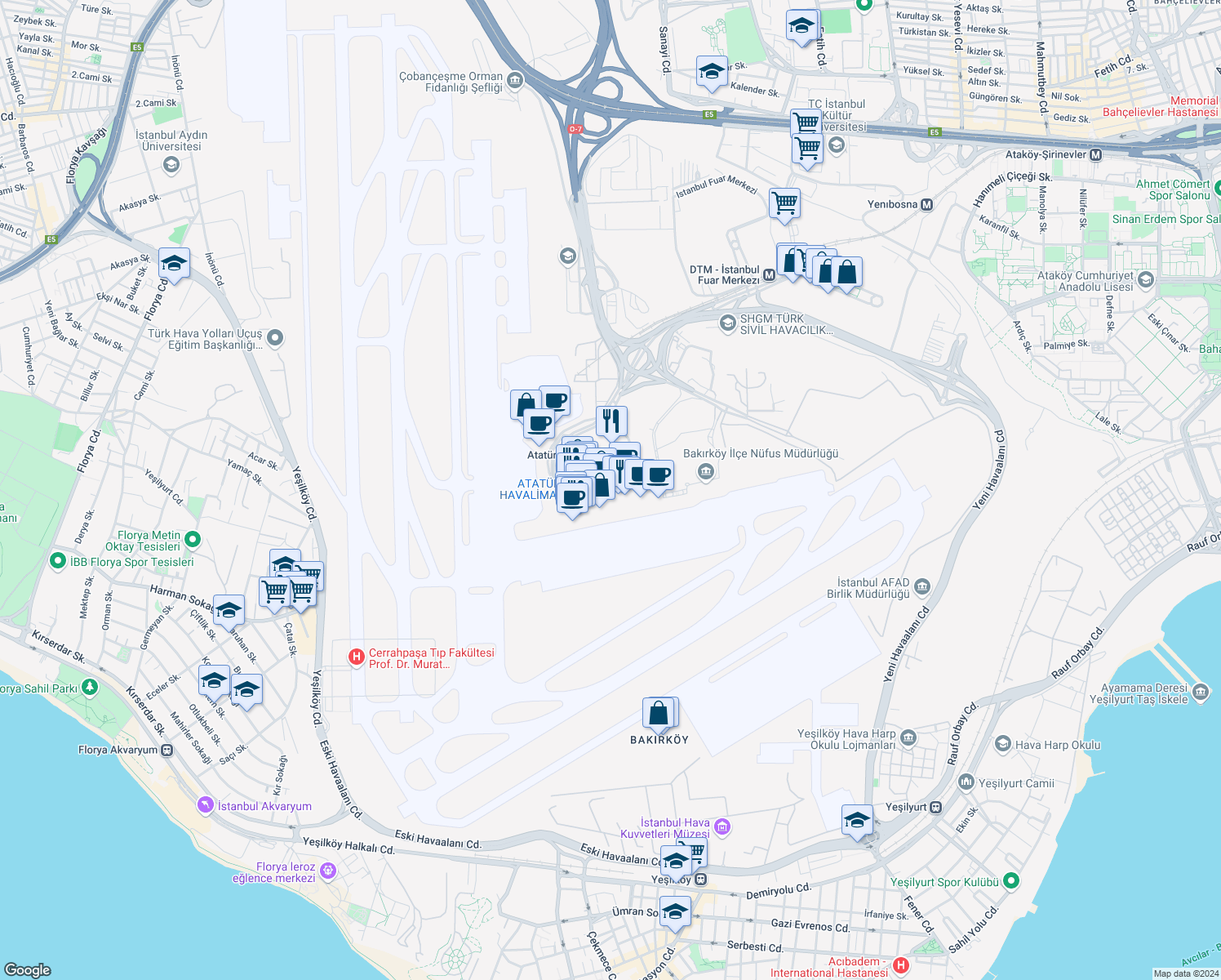 map of restaurants, bars, coffee shops, grocery stores, and more near in Bakırköy