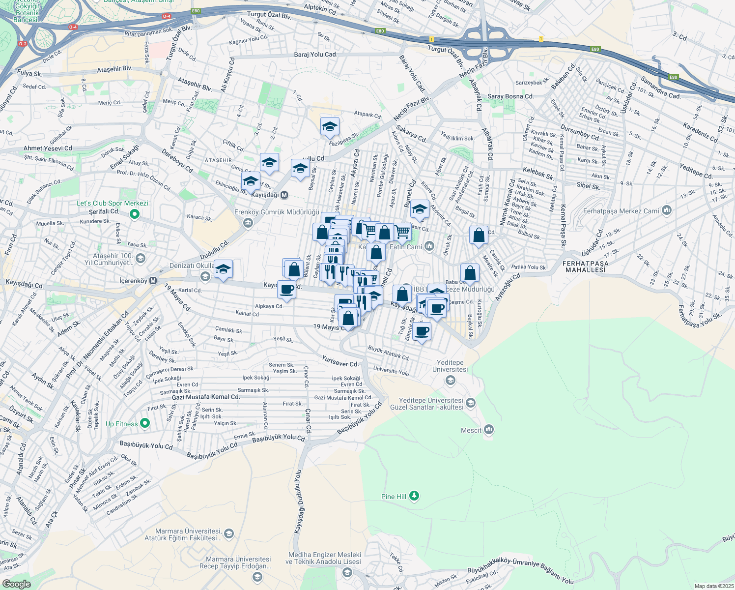 map of restaurants, bars, coffee shops, grocery stores, and more near 2 Gülçin Sokak in Ataşehir