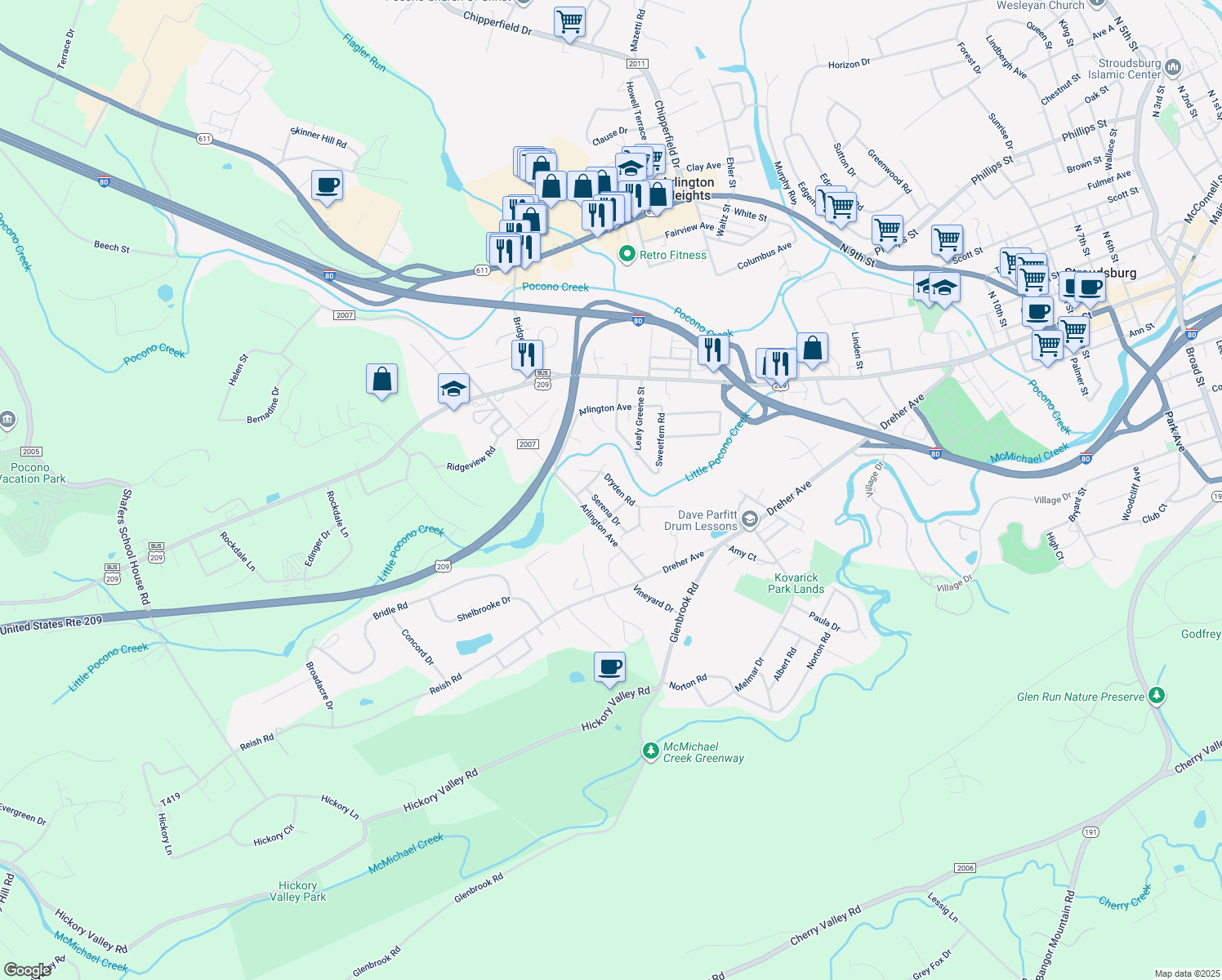 map of restaurants, bars, coffee shops, grocery stores, and more near 227 Dryden Road in Stroudsburg
