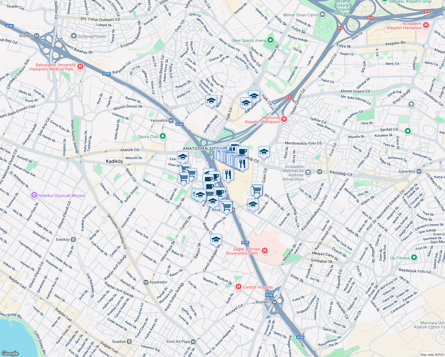 map of restaurants, bars, coffee shops, grocery stores, and more near Kayışdağı Caddesi in İstanbul
