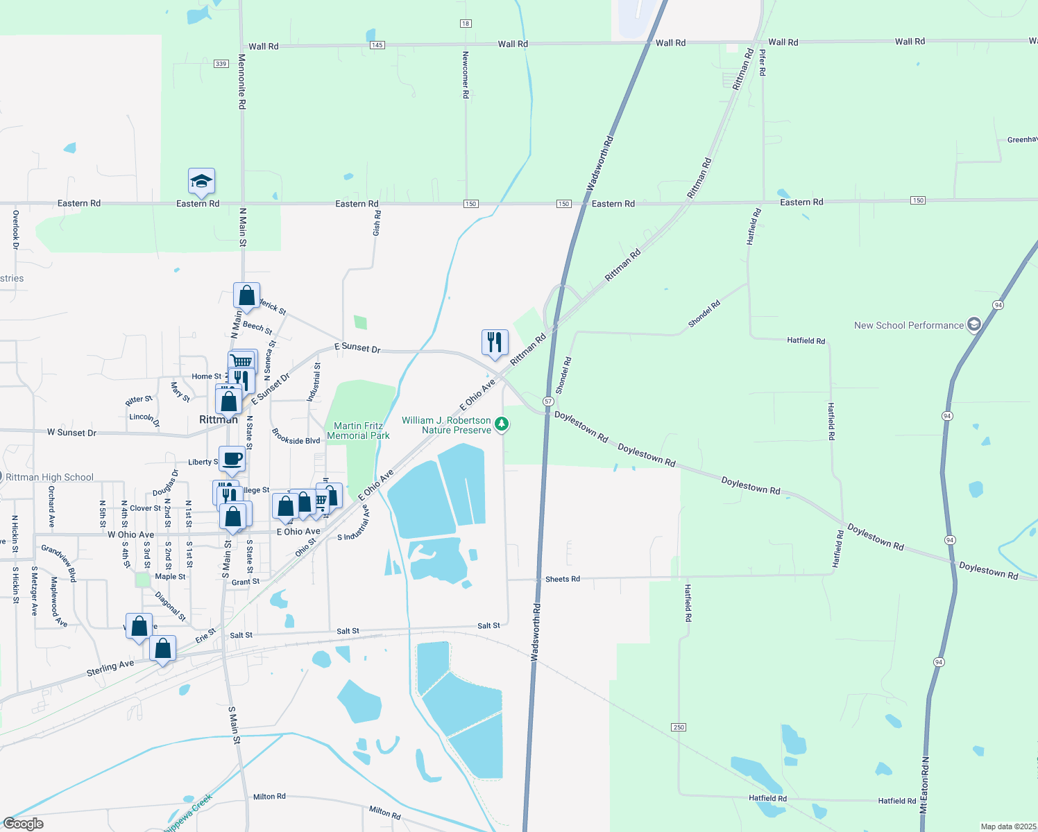 map of restaurants, bars, coffee shops, grocery stores, and more near 14655 Shondel Rd in Rittman