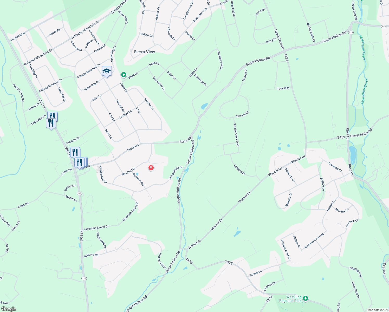 map of restaurants, bars, coffee shops, grocery stores, and more near 1355 Sugar Hollow Road in Saylorsburg