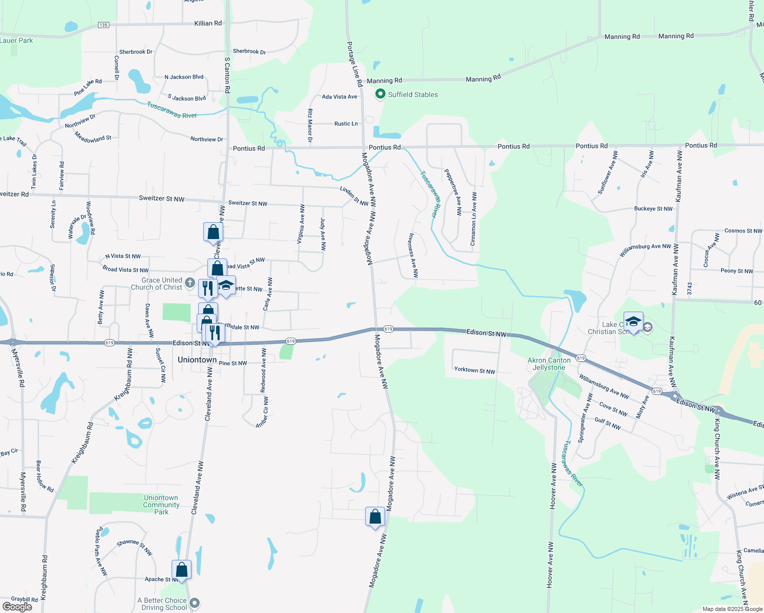 map of restaurants, bars, coffee shops, grocery stores, and more near 13088 Mogadore Avenue Northwest in Uniontown