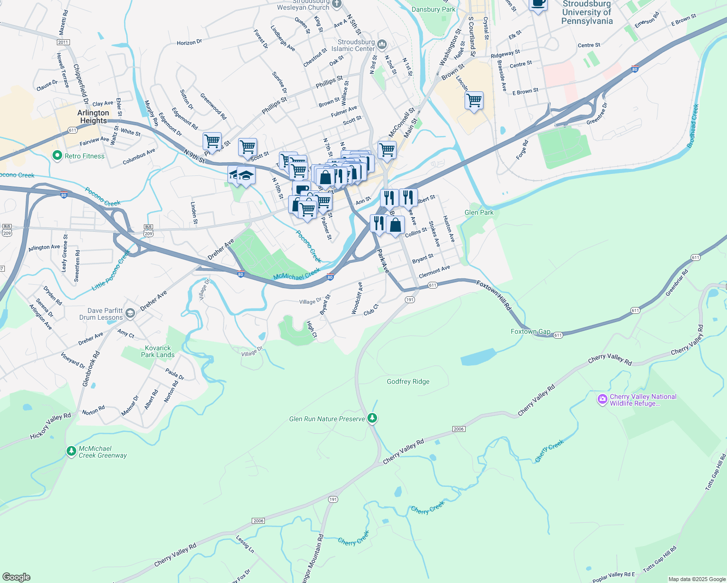 map of restaurants, bars, coffee shops, grocery stores, and more near 730 Clermont Avenue in Stroudsburg
