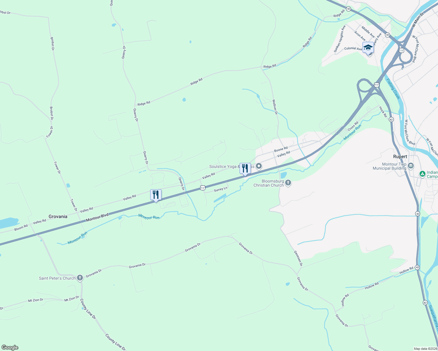 map of restaurants, bars, coffee shops, grocery stores, and more near 404 Valley Rd in Bloomsburg
