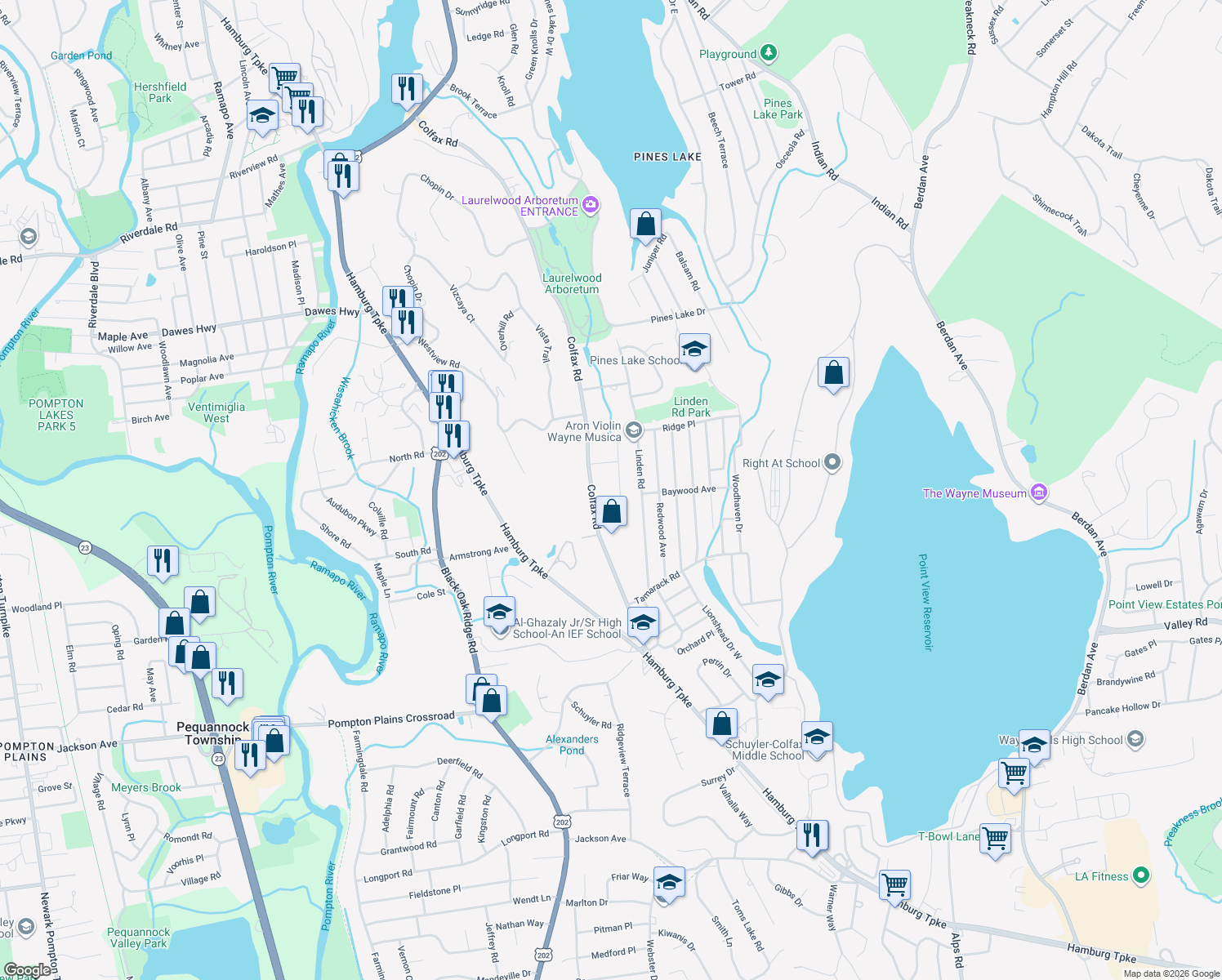 map of restaurants, bars, coffee shops, grocery stores, and more near 5 Bryan Court in Wayne