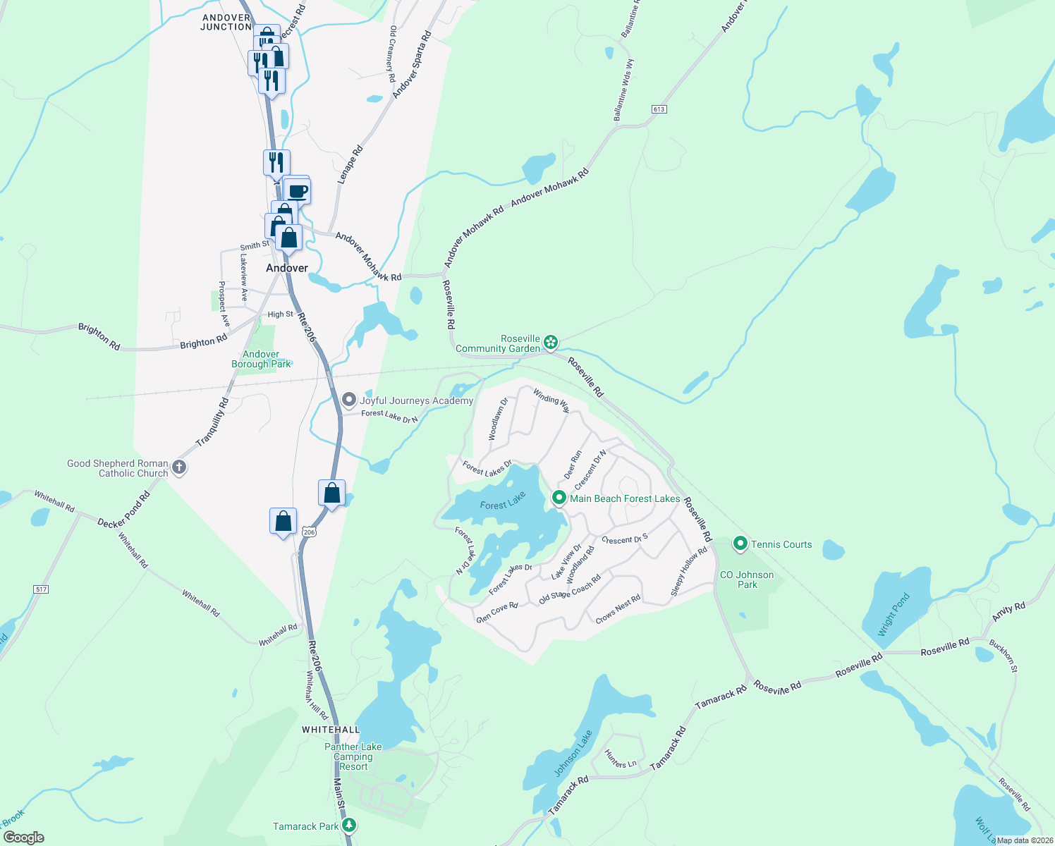 map of restaurants, bars, coffee shops, grocery stores, and more near 19 Hemlock Road in Byram Township