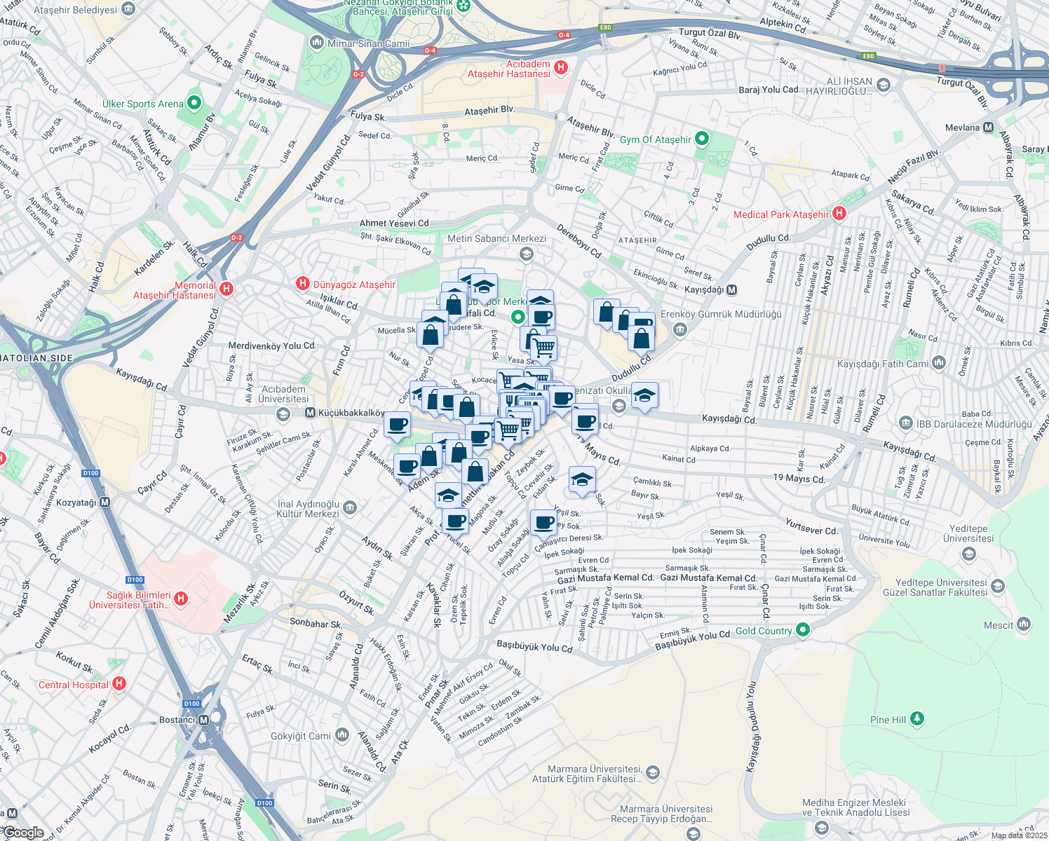 map of restaurants, bars, coffee shops, grocery stores, and more near Kayışdağı Caddesi in İstanbul