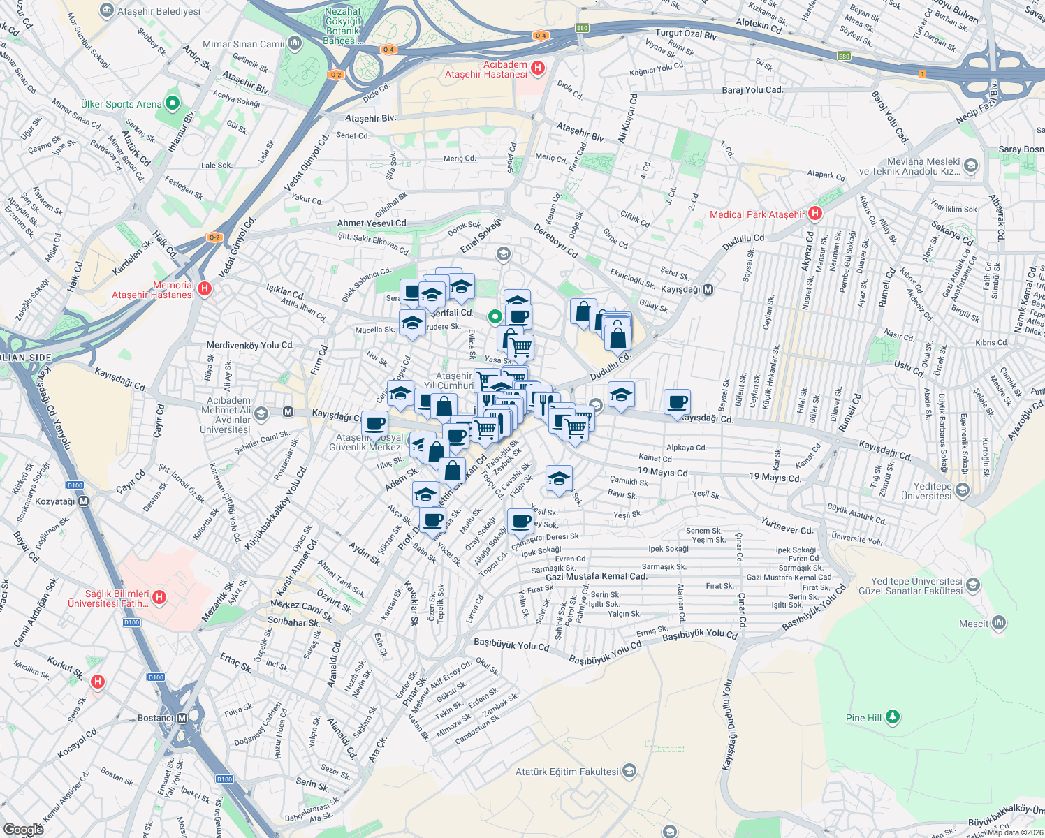 map of restaurants, bars, coffee shops, grocery stores, and more near Kayışdağı Caddesi in Ataşehir