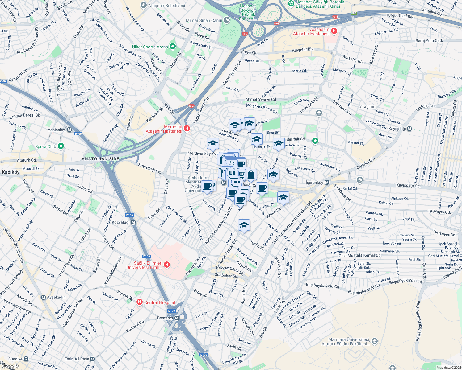 map of restaurants, bars, coffee shops, grocery stores, and more near 34 Kayışdağı Caddesi in Ataşehir