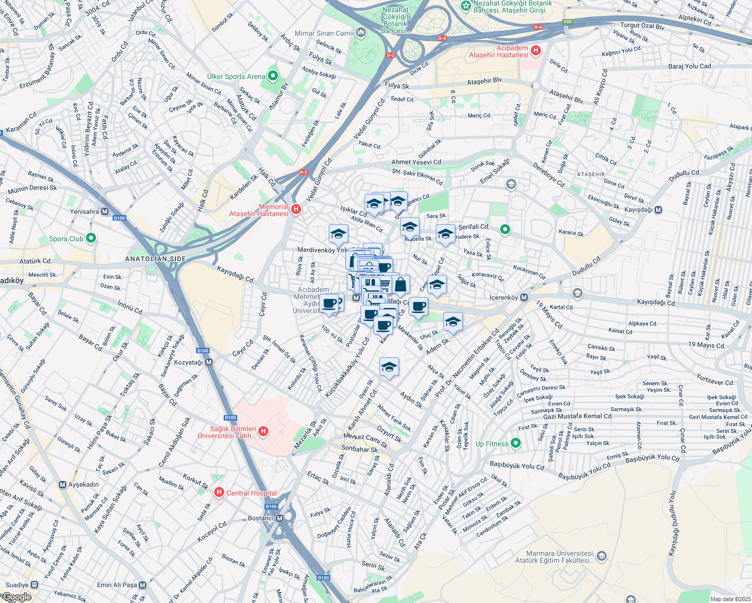 map of restaurants, bars, coffee shops, grocery stores, and more near 34 Kayışdağı Caddesi in Ataşehir
