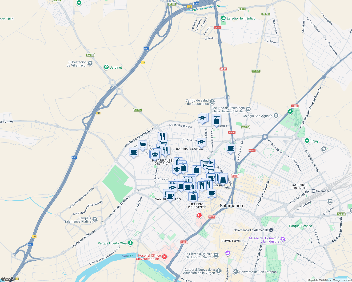 map of restaurants, bars, coffee shops, grocery stores, and more near Calle Antonio García Boiza in Salamanca