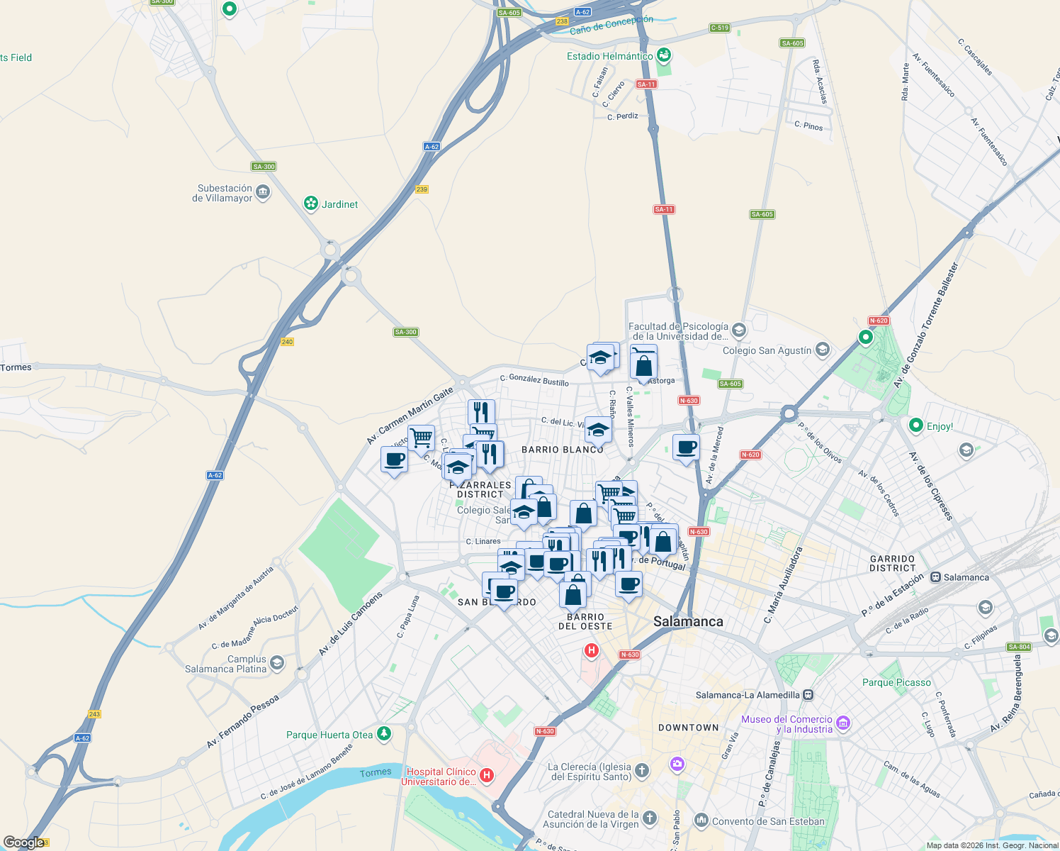 map of restaurants, bars, coffee shops, grocery stores, and more near Calle Antonio García Boiza in Salamanca